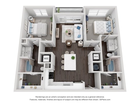 A 3D floor plan of a small apartment with a kitchen, living room, and two bedrooms.